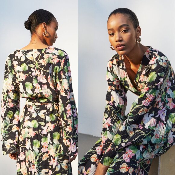 H&M pleated wrap dress floral tropical black green kimono coverup maxi medium - Picture 3 of 11